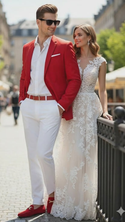 Mens Red Blazer and White Pants Set – Stylish Casual Dress Outfit For New Year Holiday and Christmas Suit