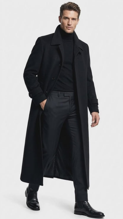 Men's Black Full-Length Duster Maxi Coat – Classic 4-Button Long Overcoat, Gothic Trench Coat & Winter Formal Outerwear
