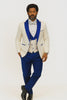 Hilton White and Royal Blue Paisley Peak Lapel Tuxedo Jacket with Matching Shawl Vest and Wool Pants – Includes Bow Tie