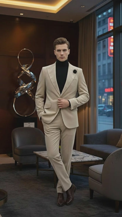 Mens Sand Beige Velvet Tuxedo Suit – 2 Piece Slim Fit Blazer and Pants Formal Set - Winter Fabric Natural Color