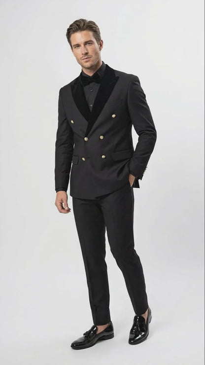 Men’s Black Double Breasted Tuxedo Suit – Luxury Formal Dinner Jacket Gold Buttons Velvet Lapel