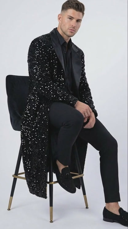 Men’s Black Sequin Long Coat with Satin Shawl Lapel – Luxury Statement Evening Overcoat