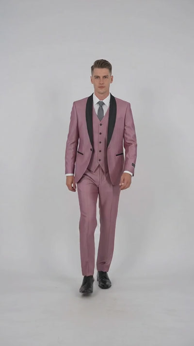 Men’s Shiny Mauve Pink 3 Piece Tuxedo – Wedding & Prom Suit with Black Shawl Lapel