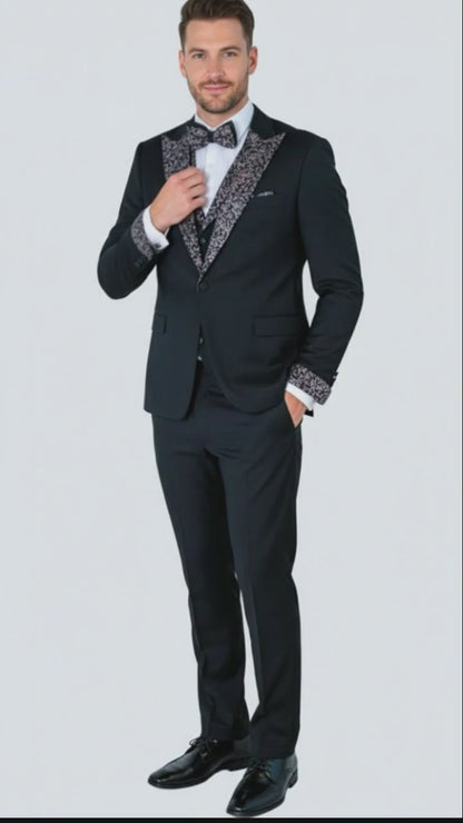 Men's Black and White Silver Embellished Tuxedo Suit + Bowtie 3-Piece Formal Wedding, Prom, and Gala Outfit