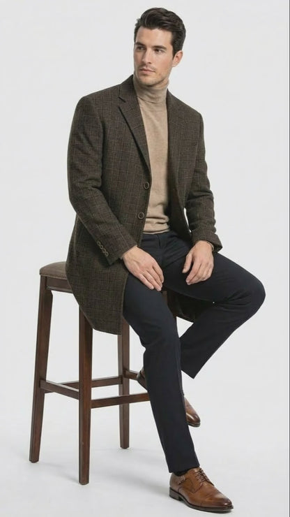 Men’s Brown Checkered Wool Overcoat – Long Winter Coat with Classic Plaid Pattern By Statement