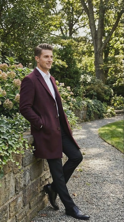 Men’s Burgundy Mid-Length Overcoat – Classic Fit Wool Blend Dress Coat Three Quarter Carcoat Topcoat