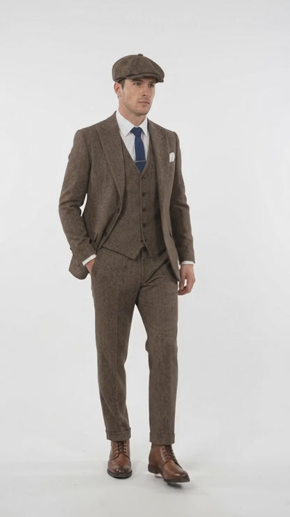 Men’s Thomas Shelby Inspired Brown Herringbone Tweed 3 Piece Suit – Peaky Blinders 1920s Vintage Suit