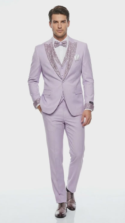 Men’s Lilac Suit with Silver Glitter Sequin Lapel – Lilac and Silver Formal Tuxedo Suit for Prom, Wedding  Lavender Tuxedo