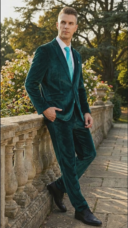 Mens Emerald Green Teal Blue Velvet Suit – Luxury Two Piece Formal Evening Suit