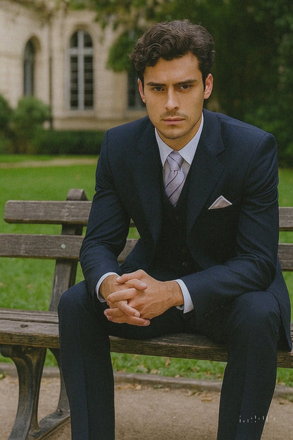 Mens 3 Button Vested Basic Wool Feel Suit in Navy