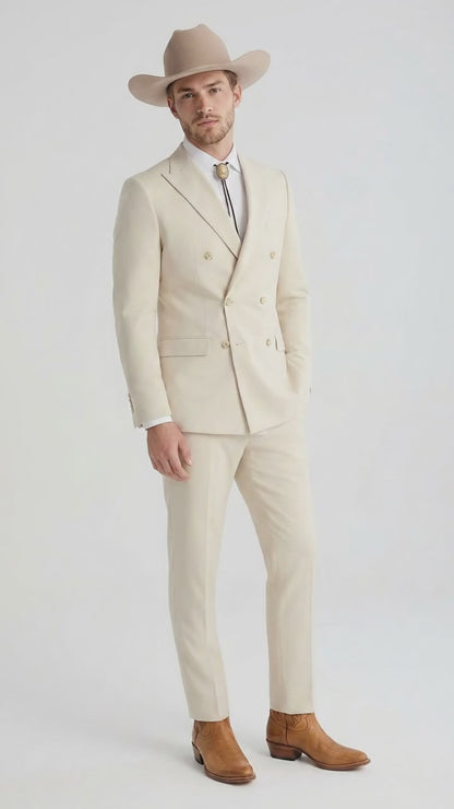 Men’s Tan Linen Cowboy Suit, Double Breasted Western Wedding Formal Western Suit Country style in Beige Tan Color