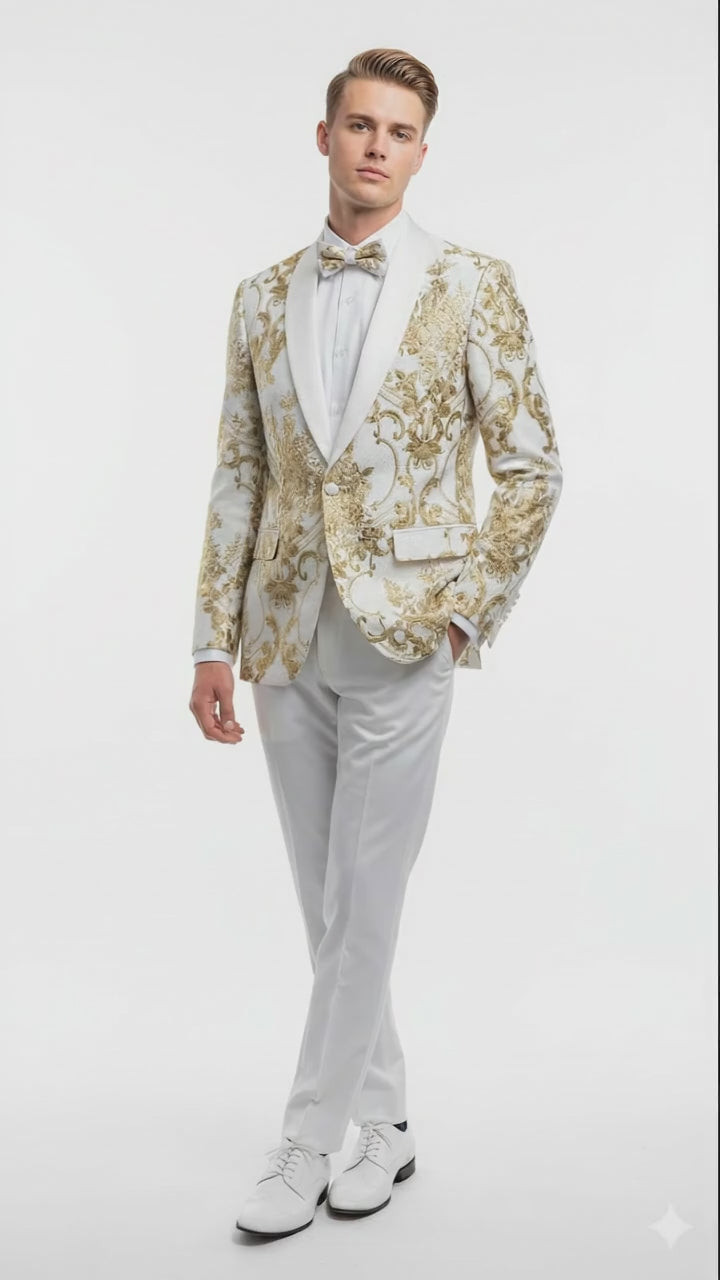 Mens White and Gold Floral Tuxedo Jacket with Satin Lapel – Luxury Prom, Wedding and Formal Dinner Blazer