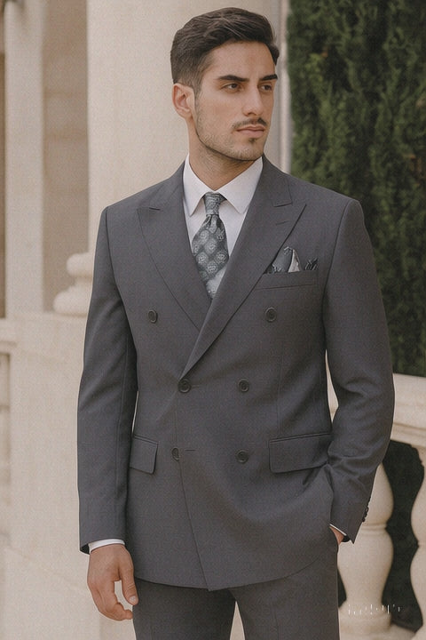 Mens Classic Wool Feel Double Breasted Suit in Heather Grey