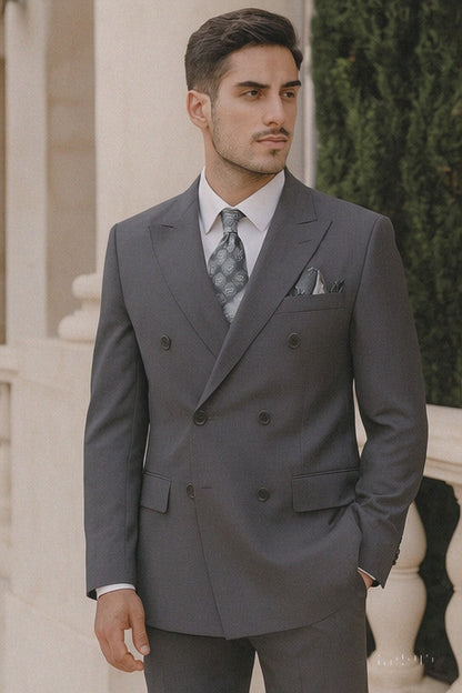 Mens Classic Wool Feel Double Breasted Suit in Heather Grey