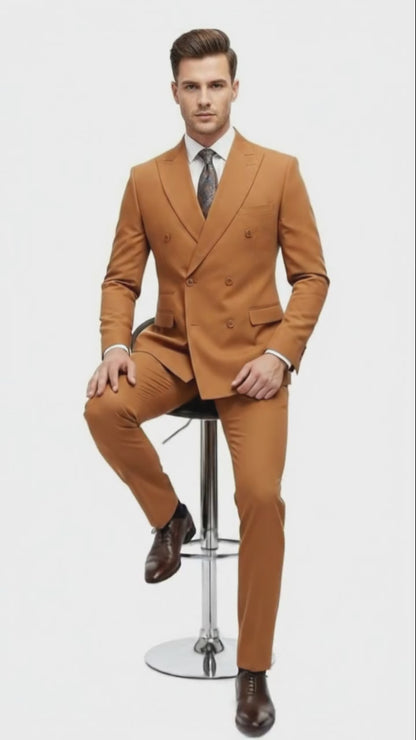 Men’s Vitali Brand Rustish Orange Brown Copper Color Double Breasted Slim Fit Suit