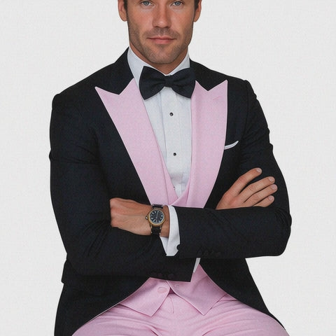 Black And Pink suit - Tuxedo Looking With Double Breasted Vest Peak Lapel 100% Wool