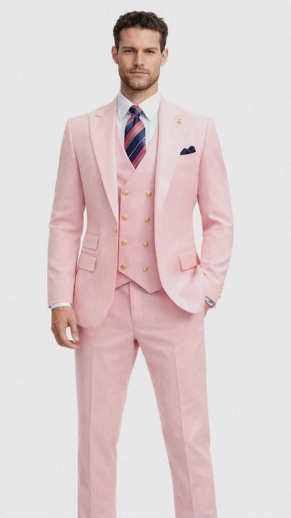Rossiman Brand Pink Suits - 1 Button Suit Peak Lapel Double Breasted Vest