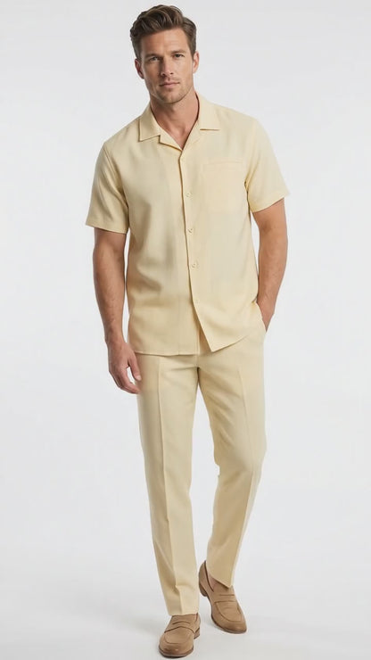 Men’s Yellow Patterned Short Sleeve Walking Suit with Matching Pants, Casual Summer Dress Outfit