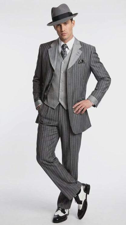 Men’s Grey Pinstripe 1920s Gangster 3 Piece Suit, Contrast Lapel Vintage Formal Suit for Parties, Prom, Weddings, and Theme Events