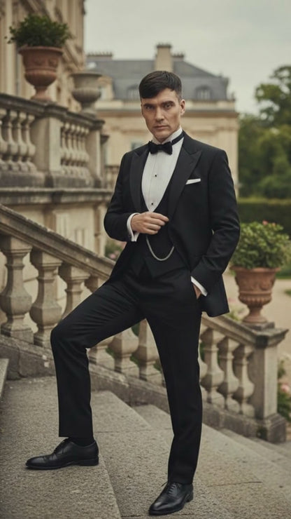 Men’s Black Peaky Blinders Style Three-Piece Tuxedo Suit – Classic Formal Suit with Blazer and Waistcoat Peak Lapel 1920s Style