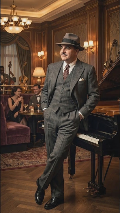 Al Capone Men’s Charcoal Gray Stripe 3-Piece Gangster Style Suit – 1920s Jazz Club Inspired Formal Suit Outfit