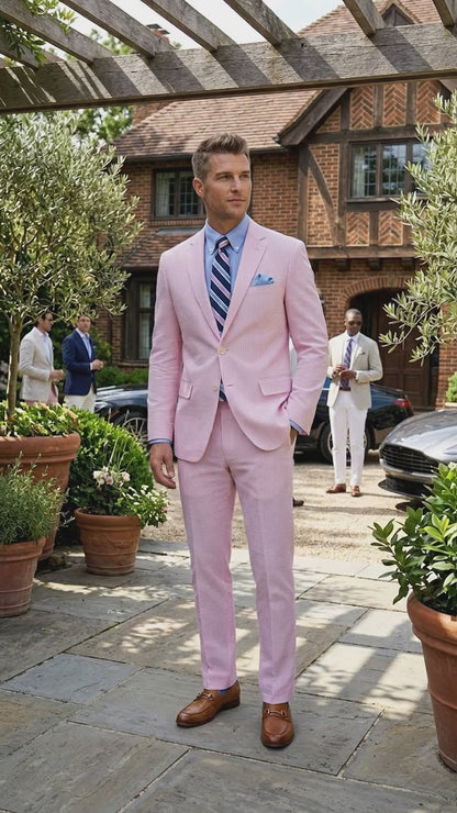 Men’s Pink Seersucker 2 Piece Suit, Lightweight Summer Dress Suit for Weddings, Prom, Parties, and Special Occasions