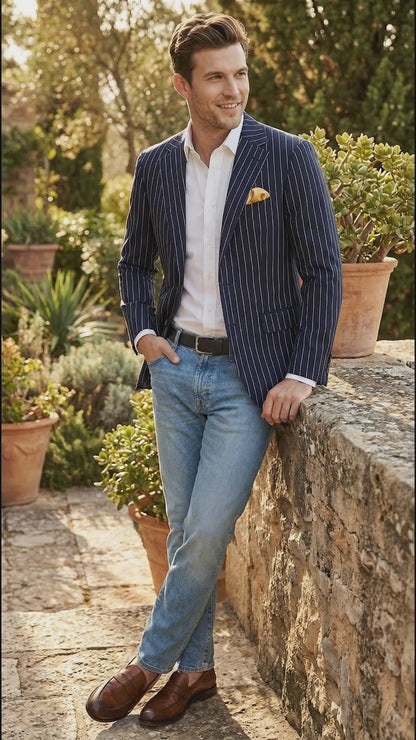 Mens Navy Blue Pinstripe Blazer – Classic Tailored Formal Jacket for Business, Office and Smart Casual Wear
