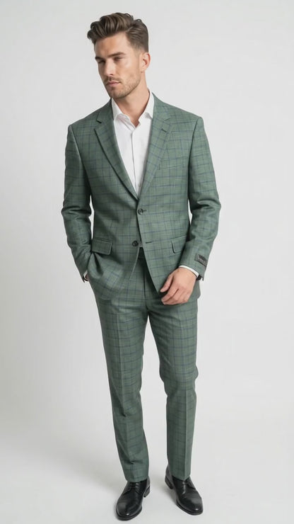 Men’s Tartan olive Green with blue checker Windowpane 2-Piece Suit – Modern Fit Plaid, Business and Formal Suit english styl
