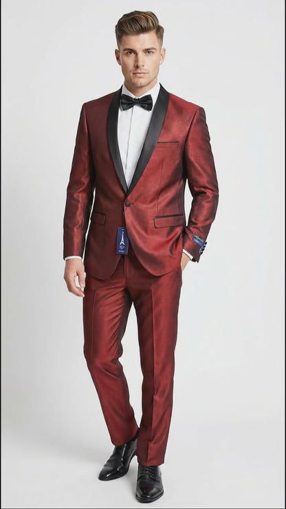 Men’s Shiny Burgundy Satin Tuxedo Jacket with Black Shawl Lapel | Formal Wedding & Prom Blazer - Sharkskin Fabric