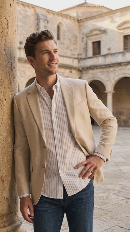 Men’s Light Tan Sport Coat – Classic Two-Button Casual Blazer for Business, Weddings & Smart Casual Wear Modern Fit Linen Fabric