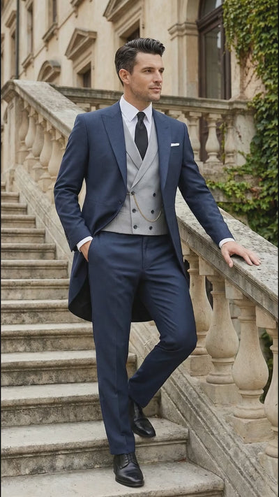 Men’s Navy Blue Three Piece Formal Suit – Cutaway Tuxedo Blazer Trousers for Wedding Tailcoat