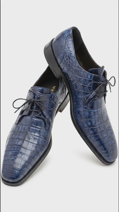 Mezlan Blue Crocodile Alligator Embossed Leather Dress Shoes for Men – Luxury Lace Up Oxford Shoes – Blue Exotic Pattern Formal