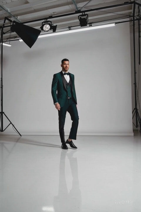Men’s Hunter Green Vested Tuxedo – Floral Lace Designer Wedding Suit