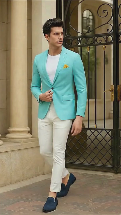 Men’s Aqua Blazer – Slim Fit One Button Suit Jacket with Stylish Floral Inner Lining - Light Turquoise