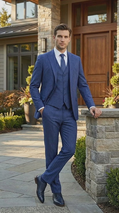 Men’s Cobalt Blue 3 Piece Suit – Indigo Light Blue Pinstripe Formal Suit with Vest for Wedding, Business Modern Fit Two buttons