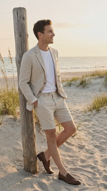 Men’s Tan Linen Suit with Shorts, 2 Piece Summer Short Suit, Casual Beach Wedding Outfit