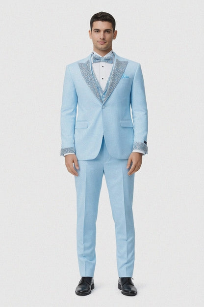 Baby Blue Prom Tuxedo - Perfect Wedding Suit Vested rhinestone sequin Lapelled