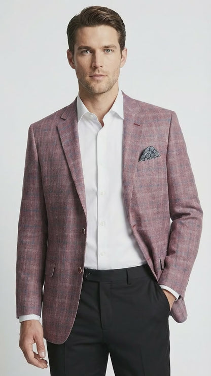 Mens Dusty Rose Mauve Pink with Tint of Blue Plaid Sport Coat Blazer – Classic Check Pattern Casual Blazer Jacket for Business Casual, Wedding