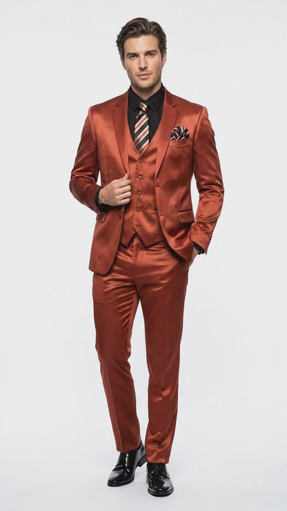 Men’s Rust Copper Coganc Shiny Sateen 3 Piece Suit, Vested Formal Wedding Prom Suit Set Ultra Slim Fit