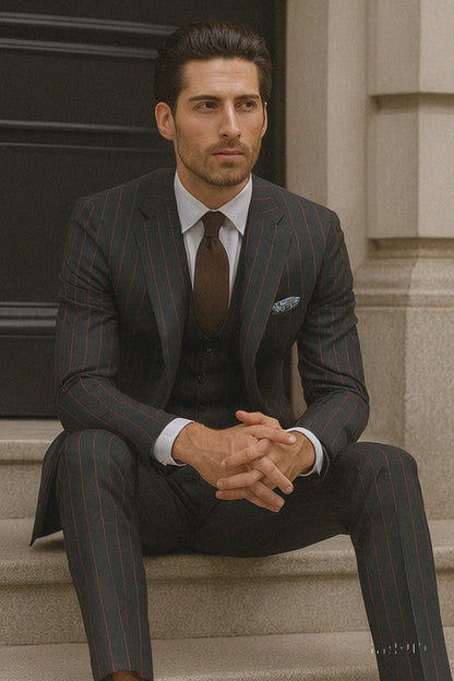 Mens 2 Button Vested 3 Piece Gangster Bold Pinstripe Suit in Burgundy