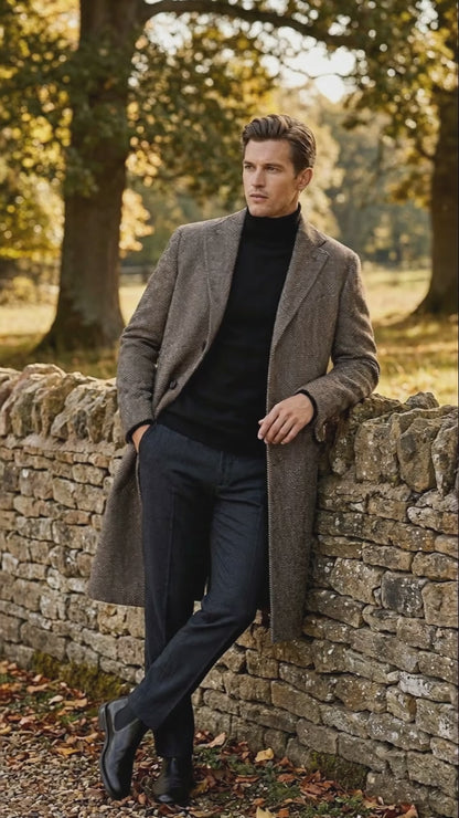 Men’s Black & Grey  Herringbone Tweed Wool Blend Overcoat – Classic Single-Breasted Winter Blazer Carcoat