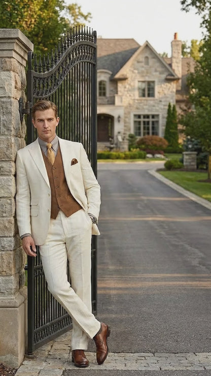 Men’s Ivory Great Gatsby Inspired Suit with Jacket, Vest and Pants, Vintage Formal Wedding Suit