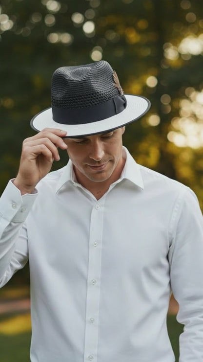 Men’s Two-Tone Black and White Fedora Hat with Feather Accent – Stylish Summer Dress Hat