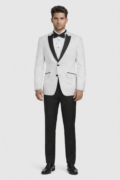 Mens 2 Buttton Slim Contrast Peak Lapel Side Vents Tuxedo in White