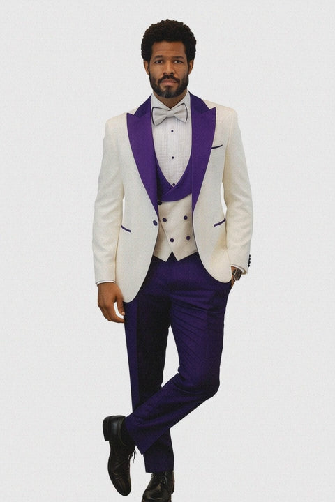 Hilton White and Purple Paisley Peak Lapel Tuxedo Jacket with Matching Shawl Vest and Wool Pants – Includes Bow Tie