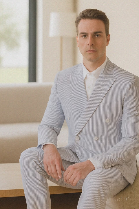 Mens Blue Pinstripe Summer Seersucker Double Breasted Suit