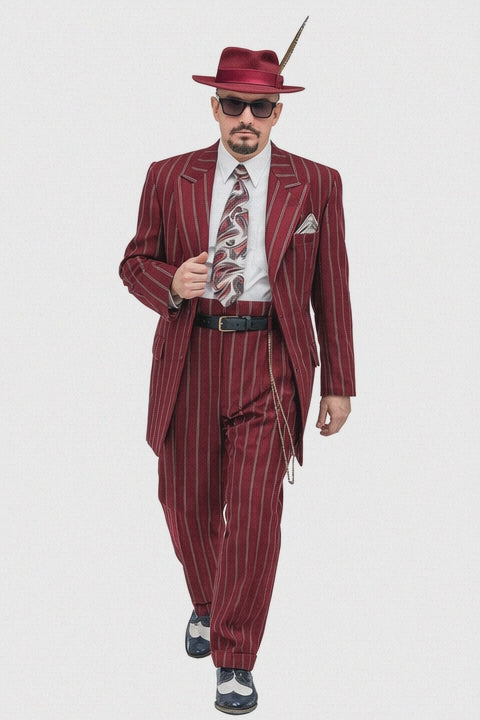 Burgundy Pinstripe Zoot Suit – 3 Piece 1920s/1930s Gangster Outfit (Jacket and Pants and Vest)  Vintage Fashion