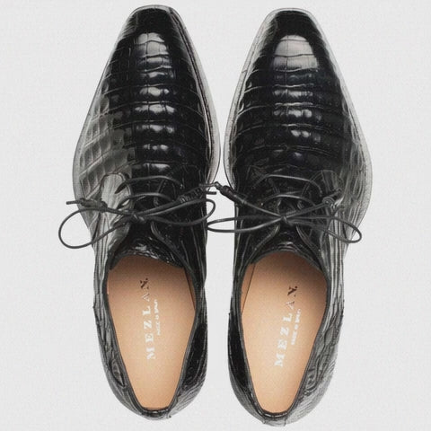 Men's Cratos Genuine Crocodile Black Derby Shoes By Mezlan Made In Spain Brand