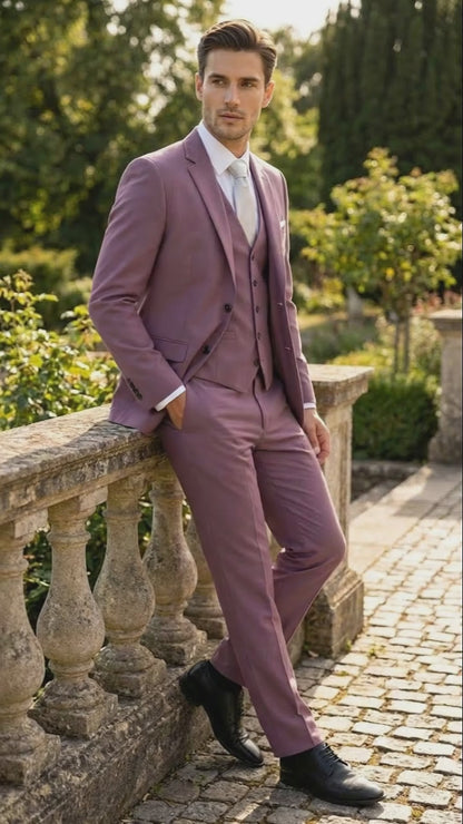 Men’s Mauve Three-Piece Suit – Slim Fit Formal Blazer, Vest, and Trousers for Weddings Rose Gold Pinkish Color