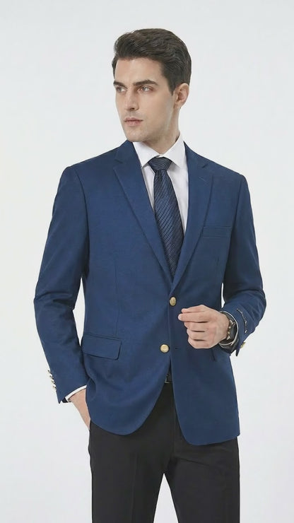 Men’s Sapphire Indigo Cobalt Blue Blazer with Gold Buttons – Classic Single Breasted Formal Business Jacket for Office, Wedding